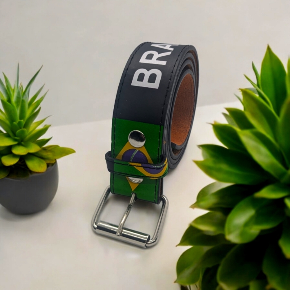 Genuine Leather belt with "Brasil" and Flag